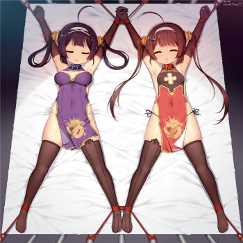 2girls ^_^ ahoge armpits arms_up artist_name asymmetrical_legwear azur_lane bare_shoulders bdsm black_gloves black_hair black_legwear black_panties blush bondage bound bound_ankles bound_wrists breasts breasts_apart brown_hair china_dress chinese_clothes cleavage_cutout closed_eyes clothing_cutout collar covered_navel dark dragon_print dress elbow_gloves female_focus from_above full_body gloves hair_ornament hair_rings hairband holding_hands huoji_(wonderturkey) interlocked_fingers light_blush long_hair lying medium_breasts mismatched_legwear multiple_girls ning_hai_(azur_lane) o-ring o-ring_bottom o-ring_panties on_back on_bed open_mouth outstretched_arms panties pelvic_curtain ping_hai_(azur_lane) purple_dress red_dress rope see-through_clothes side-tie_panties side_slit sidelocks signature skindentation sleeping sleeveless sleeveless_dress small_breasts spread_eagle_position spread_legs string_panties symmetry thighhighs twintails underwear white_background white_hairband white_panties