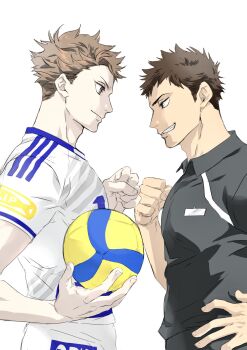 Rule 34 | 2boys, aged up, ball, brown eyes, brown hair, commentary request, eye contact, from side, haikyuu!!, highres, holding, holding ball, iwaizumi hajime, looking at another, male focus, multiple boys, oikawa tooru (haikyuu!!), sac hi9, short hair, simple background, sportswear, teeth, volleyball (object), volleyball uniform, white background