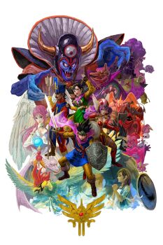 Rule 34 | absurdres, armor, axe, baramos, bikini armor, bird, bunicorn, cape, dragon quest, dragon quest iii, facial hair, fighting stance, hero (dq3), highres, holding, holding sword, holding weapon, looking at viewer, martial artist (dq3), monster, mustache, ortega (dq3), priest (dq3), ramia (dq3), roto (dq3), rubiss (dragon quest), shield, slime (dragon quest), sword, troll (dragon quest), warrior (dq3), weapon, yanmanxplore, zoma