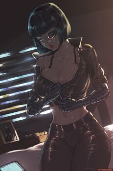 1girl alternate_design anna_navarre artificial_eye bedroom black_hair black_jacket black_pants blue_eyes blunt_bangs bob_cut breasts cleavage commentary cropped_jacket cyberpunk cyborg deus_ex deus_ex_(2000) dressing english_commentary eyeshadow inconvenient_breasts indoors jacket large_breasts leather leather_jacket leather_pants legs_together lips lipstick looking_down makeup mechanical_arms mechanical_eye midriff mole mole_under_eye navel on_bed pants paul_denton photo_(object) red-tinted_eyewear scouter short_hair sitting solo tinted_eyewear tyrone veins window_shutter zipper zipping