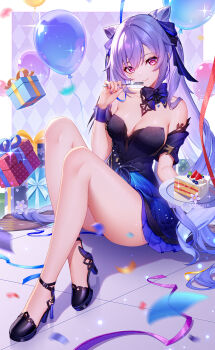 1girl balloon bare_legs bare_shoulders black_dress blue_skirt blush box breasts cake cleavage commentary_request cone_hair_bun detached_collar detached_sleeves dress feet food fork genshin_impact gift gift_box hair_bun hair_ribbon highres keqing_(genshin_impact) keqing_(opulent_splendor)_(genshin_impact) knees_up legs lightria long_hair looking_at_viewer medium_breasts plate purple_eyes purple_hair ribbon sitting skirt smile solo strapless strapless_dress swept_bangs toenails toes twintails wrist_cuffs