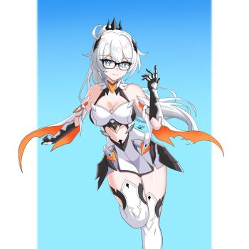 Rule 34 | 1girl, absurdres, bare shoulders, black-framed eyewear, black gloves, blue eyes, breasts, cats in abox, cleavage, closed mouth, dress, elbow gloves, feet out of frame, floating hair, glasses, gloves, grey hair, hair between eyes, hand up, highres, honkai (series), honkai impact 3rd, kiana kaslana, long hair, looking at viewer, medium breasts, ponytail, smile, solo, standing, standing on one leg, thighhighs, very long hair, white dress, white thighhighs