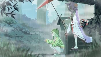 2girls absurdres animal_ear_fluff animal_ears black_panties blurry blurry_foreground bush crocs day depth_of_field from_side green_hair green_jacket green_shoes grey_shorts hair_ornament hashtag-only_commentary highres holding holding_umbrella jacket kosode long_bangs long_hair long_sleeves looking_at_another looking_down mmhomm multiple_girls oil-paper_umbrella one_side_up open_mouth outdoors panties panty_peek pom_pom_(clothes) pom_pom_hair_ornament purple_hair rain red_umbrella sandals shoes short_shorts shorts sleeves_past_fingers sleeves_past_wrists sphere_hair_ornament squatting stairs standing stellive tenko_shibuki tree umbrella underwear very_long_hair virtual_youtuber wide_sleeves yuzuha_riko