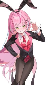 1girl absurdres animal_ears aqua_streaks black_jacket black_pantyhose blush breasts commentary detached_collar earrings fake_animal_ears feet_out_of_frame fingernails green_eyes green_streaks hanako_nana hand_on_own_hip hand_up heart heart_earrings highres jacket jewelry leotard long_hair long_sleeves looking_at_viewer multicolored_hair multicolored_jacket nail_ornament nail_polish necktie open_mouth pantyhose pink_hair pink_jacket pink_nails playboy_bunny purple_streaks rabbit_ears red_leotard red_necktie simple_background siopon12 small_breasts smile standing stellive suit_jacket symbol-only_commentary two-tone_jacket white_background white_wrist_cuffs wrist_cuffs