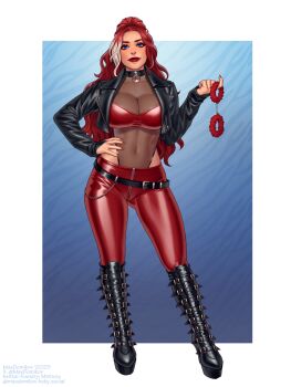 1girl belt black_belt black_boots black_choker blue_eyes boots breasts choker cleavage commission covered_navel cropped_jacket cuffs fuzzy_handcuffs hand_on_own_hip handcuffs highres holding holding_handcuffs jacket large_breasts leotard long_hair looking_at_viewer max_domikov multicolored_hair open_clothes open_jacket original pants red_hair red_lips red_nails red_pants see-through_clothes see-through_leotard solo tight_clothes tight_pants twitter_username two-tone_hair white_hair