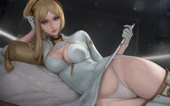 Rule 34 | 1girl, artist logo, beckoning, blonde hair, boots, breasts, cleavage, clothes lift, clothing aside, commander (nier:automata), dress, dress aside, dress lift, gloves, grey eyes, half gloves, head rest, highleg, highleg panties, kittew, lifting own clothes, logo, long hair, looking at viewer, lying, medium breasts, mole, mole on breast, mole on stomach, mole on thigh, multiple moles, nier:automata, nier (series), no bra, on side, panties, pantyshot, parted bangs, pillow, ponytail, reclining, riding crop, shrug (clothing), silver boots, silver dress, solo, thick thighs, thigh boots, thigh gap, thighhighs, thighs, underwear, white gloves, white thighhighs