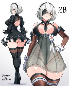 1girl 2b_(nier:automata) ass black_dress black_hairband black_thighhighs blindfold blue_eyes bob_cut breasts curvy detached_collar dress flower gloves groin hairband highres jarckius juliet_sleeves large_breasts long_sleeves mole mole_under_mouth multiple_views necktie nier:automata nier_(series) parted_lips puffy_sleeves see-through_clothes see-through_skirt short_hair short_necktie skirt thighhighs thighs white_flower white_gloves white_hair wide_hips