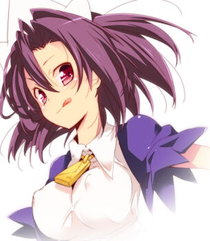 1girl :q banette breasts collared_dress covered_erect_nipples dress female_focus gen_3_pokemon hair_between_eyes maid maid_headdress medium_breasts nakamura_sandayo nintendo personification pokemon purple_hair red_eyes simple_background solo tongue tongue_out white_background