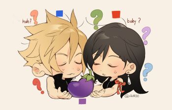 1boy 1girl 4k1030 ? arm_ribbon bare_shoulders black_hair black_shirt blonde_hair closed_eyes cloud_strife commentary cropped_torso earrings english_commentary english_text final_fantasy final_fantasy_vii final_fantasy_vii:_advent_children food highres jewelry long_hair parted_lips red_ribbon ribbon shirt short_hair simple_background sleeveless sleeveless_shirt spiked_hair sweatdrop tifa_lockhart twitter_username upper_body vegetable