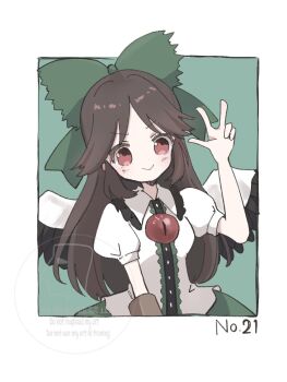 Rule 34 | 1girl, :>, arm cannon, black wings, blush, bow, brown hair, cape, closed mouth, green background, green bow, green skirt, hair bow, highres, long hair, looking at viewer, moaixiang59173, red eyes, reiuji utsuho, shirt, short sleeves, skirt, solo, third eye, touhou, w, weapon, white cape, white shirt, wings