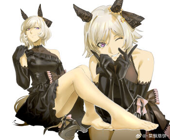 1girl absurdres animal_ears artist_name barefoot black_dress black_gloves curren_chan_(sakutsuki_ma_cherie)_(umamusume) curren_chan_(umamusume) dress ear_covers elbow_gloves gloves grey_hair highres horse_ears horse_girl horse_tail looking_at_viewer official_alternate_costume one_eye_closed purple_eyes ruukii_drift short_hair smile solo tail teeth umamusume