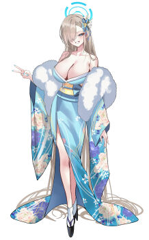 1girl absurdly_long_hair absurdres alternate_costume aqua_nails asuna_(blue_archive) bare_shoulders black_shoes blue_archive blue_eyes blue_halo blue_kimono blush breasts brown_hair cleavage commentary_request fingernails floral_print floral_print_kimono full_body hair_ornament hair_over_one_eye halo highres japanese_clothes kimono large_breasts long_hair looking_at_viewer mango_(mango0208) mole mole_on_breast nail_polish new_year obi print_kimono sash shoes simple_background smile solo standing v very_long_hair white_background