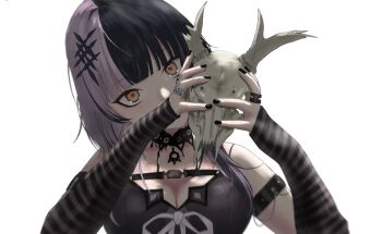 Rule 34 | 1girl, animal skull, arm strap, belt, black arm warmers, black belt, black choker, black dress, black hair, black nails, breasts, chest belt, choker, commentary, dress, fingernails, grey hair, hair ornament, head tilt, highres, holding, holding skull, hololive, hololive english, ibispaint (medium), jewelry, large breasts, long fingernails, long hair, looking at viewer, multicolored hair, multiple rings, nail polish, pendant choker, ring, shiori novella, shiori novella (1st costume), simple background, skull, sleeveless, sleeveless dress, solo, split-color hair, striped arm warmers, symbol-only commentary, toga amano, two-tone hair, upper body, virtual youtuber, white background, yellow eyes