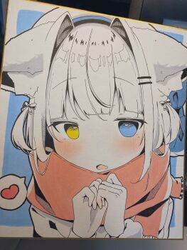 Rule 34 | 1girl, animal ear fluff, animal ears, beret, blue background, blue bow, blue eyes, blunt bangs, blush, border, bow, commentary request, ears down, fang, fidgeting, hair intakes, hat, hat bow, heart, heterochromia, highres, komugi-chan (komugi), komugi (2212), looking at viewer, marker (medium), millipen (medium), mole, mole under eye, original, outside border, own hands together, pen (medium), photo (medium), portrait, raised eyebrows, red scarf, scarf, short hair, skin fang, spoken heart, traditional media, two side up, white border, white hair, white hat, yellow eyes