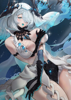 1girl absurdres air_bubble blue_background blue_eyes blush braid breasts bubble caustics center_opening cleavage colored_extremities colored_tongue commentary_request dress duet_night_abyss glint grabbing_own_breast gradient_veil grey_hair hair_between_eyes hair_ornament hair_over_one_eye haowei_wu highres large_breasts light_rays looking_at_viewer ocean open_mouth rebecca_(duet_night_abyss) short_hair sleeveless sleeveless_dress solo sparkle teeth thighs tongue tongue_out underwater veil water white_dress white_veil