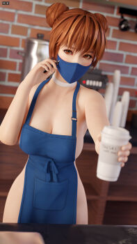 1girl 3d absurdres apron breasts brown_eyes brown_hair dead_or_alive female_focus highres kasumi_(doa) large_breasts panties radianteld short_hair swimsuit text_focus underwear