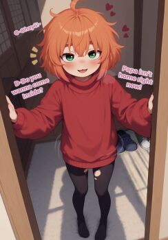 1girl :3 :d absurdres ahoge ai-assisted ai-generated aroused black_leggings blush bob_cut bottomless breasts carpet come_hither commentary crossed_bangs desk doorway dress english_commentary english_text eyebrows_hidden_by_hair feet female_focus flat_chest freckles green_eyes hair_between_eyes hallway heart highres hina_kurosawa indoors leggings leggings_pull loli long_sleeves looking_at_viewer looking_up messy_hair mesugaki motion_lines on_ground open_mouth orange_hair original oversized_clothes paid_reward_available pants pantyhose perspective portrait pov presenting rug seductive_smile self-upload shoes short_hair small_breasts smile standing sunlight swaying sweater sweater_dress thick_eyebrows thighhighs thighs toes torn_clothes torn_pants torn_pantyhose turtleneck turtleneck_sweater wooden_floor