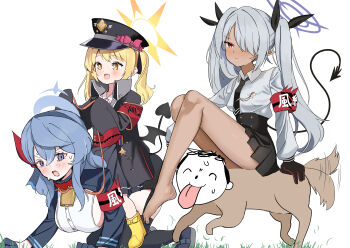 3girls :d absurdres afterimage ako_(blue_archive) all_fours animalization arm_at_side armband barefoot bell black_gloves black_hat black_necktie black_ribbon black_skirt black_thighhighs blonde_hair blue_archive blue_eyes blue_hair blue_halo blush boots bow breasts buttons closed_mouth collared_shirt commentary cowbell dark-skinned_female dark_skin demon_girl demon_tail demon_wings dog dog_tail doodle_sensei_(blue_archive) double-breasted exhausted feet frown full_body gloves grey_hair hair_between_eyes hair_over_one_eye hair_ribbon halo happy hat hat_bow high-waist_skirt highres ibuki_(blue_archive) imminent_licking iori_(blue_archive) jinmenken large_breasts long_hair long_sleeves looking_ahead low_wings mochini motion_lines multiple_girls neck_bell necktie one_eye_covered open_mouth pink_bow pleated_skirt pointy_ears purple_halo red_armband red_eyes red_ribbon ribbon school_uniform sensei_(blue_archive) shirt sideboob sidelocks simple_background sitting skirt sleeves_past_fingers sleeves_past_wrists smile straight_hair sweat tail tail_raised tail_wagging thighhighs thighs tongue tongue_out tsurime twintails v-shaped_eyebrows very_long_hair white_background white_shirt wide_sleeves wings yellow_boots yellow_eyes yellow_halo