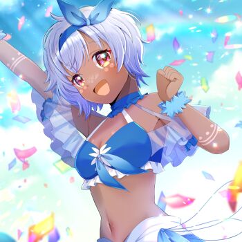 1girl :d arm_up bikini breasts cleavage commentary_request dark-skinned_female dark_skin kou_hiyoyo navel open_mouth original small_breasts smile solo swimsuit