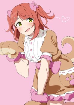 Rule 34 | 1girl, :d, absurdres, animal hands, blush, bow, brown dress, chinese zodiac, cowboy shot, dog tail, dress, embarrassed, gloves, hair bow, heart, highres, leaning forward, looking at viewer, love live!, love live! nijigasaki high school idol club, medium hair, official alternate costume, open mouth, orange hair, paw gloves, pink background, pink bow, puffy short sleeves, puffy sleeves, short dress, short sleeves, simple background, smile, solo, tail, two side up, uchuu no mozuku, uehara ayumu, year of the dog