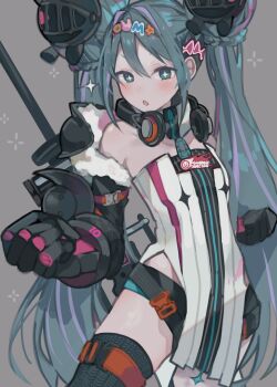 +_+ 1girl aqua_eyes aqua_hair bare_shoulders black_gloves black_shorts blush braid braided_bun breasts clenched_hands commentary commentary_request cowboy_shot double_bun gauntlets gloves goodsmile_company goodsmile_racing grey_background hair_between_eyes hair_bun hatsune_miku headphones headphones_around_neck highres koutya_cat long_hair looking_at_viewer official_alternate_hairstyle open_mouth polearm race_queen racing_miku racing_miku_(2026) short_shorts shorts small_breasts solo twintails very_long_hair vocaloid weapon