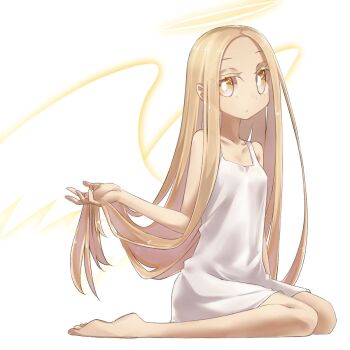 1girl angel_notes angel_wings bare_shoulders barefoot blonde_hair breasts dress forehead halo highres long_hair looking_at_viewer parted_bangs sitting small_breasts solo v/v white_dress wings yellow_eyes yubeshi_(zecxl)