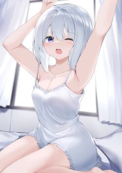 1girl absurdres armpits arms_up bandaid bandaid_on_cheek bandaid_on_face bare_arms bare_shoulders barefoot bed_sheet breasts cleavage collarbone curtains day dress frilled_dress frills grey_hair hair_between_eyes highres indoors looking_at_viewer medium_breasts neku_(neku_draw) one_eye_closed open_mouth original pillow purple_eyes sleeveless sleeveless_dress solo stretching sunlight white_dress window yawning