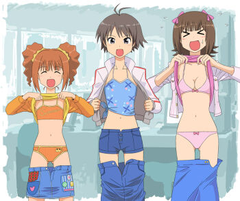Rule 34 | > <, 00s, 3girls, :d, ^ ^, amami haruka, antenna hair, bikini, bikini under clothes, black hair, blue eyes, blush, bow, bow bikini, breasts, brown hair, cleavage, closed eyes, clothes lift, clothes pull, denim, denim shorts, denim skirt, closed eyes, flat chest, idolmaster, idolmaster (classic), idolmaster 1, kikuchi makoto, kozou (rifa), medium breasts, midriff, multiple girls, navel, open clothes, open mouth, open shirt, panties, pencil skirt, raglan sleeves, refine (studio emerald refine), shirt, shirt lift, short hair, shorts, skirt, skirt pull, small breasts, smile, sports bikini, sweatdrop, swimsuit, swimsuit under clothes, takatsuki yayoi, tankini, thigh gap, thighs, twintails, underwear, undressing