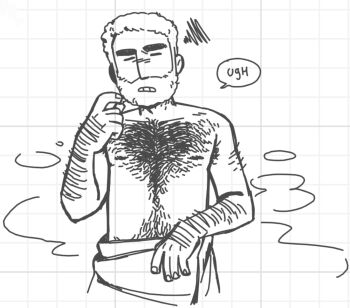 Rule 34 | 1boy, after bathing, annoyed, bara, beard over mouth, brown hair, english text, facial hair, greyscale, hand hair, joseph (scott pilgrim), male focus, monochrome, nipples, null (mr not null), scott pilgrim (series), scott pilgrim takes off, short hair, skinny, solo, squiggle, steam, stubble, thick arm hair, thick chest hair, thick eyebrows, thick navel hair, topless male, towel, very hairy