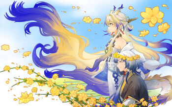 Rule 34 | 2girls, absurdres, arknights, black shirt, blonde hair, blue hair, breasts, chinese clothes, commentary request, dragon girl, dragon horns, dragon tail, earrings, eastern dragon horns, eastern dragon tail, flower, from side, gradient hair, green eyes, highres, horns, jewelry, kurosawaprynio, medium breasts, multicolored hair, multiple girls, pointy ears, shennong (arknights), shirt, shu (arknights), strapless, strapless shirt, tail, tassel, tassel earrings, tube top, white hair, white shirt, white tube top, yellow flower