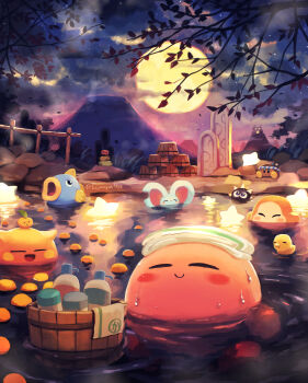 :d ^_^ absurdres artist_name baby_animal bath bird blush blush_stickers bottle branch bucket cairn castle_dedede chick closed_eyes closed_mouth cloud commentary_request elfilin fish food fruit full_body full_moon gordo highres in_water kine_(kirby) kirby kirby_(series) mikarin_(kirby) moon mountain night night_sky nintendo no_humans open_mouth outdoors partially_submerged polof rock rocky_(kirby) scarfy sitting sky smile spikes star_(sky) starry_sky suyasuyabi towel towel_on_head tree twitter_username twizzy ufo_(kirby) waddle_dee washbowl water wooden_bucket yuzu_(fruit) yuzu_bath