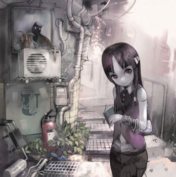 Rule 34 | 1girl, air conditioner, animal, bag, bangle, blouse, book, bracelet, braid, cat, collared shirt, cowboy shot, doll joints, female focus, fire extinguisher, flower pot, grate, hair ornament, hair over shoulder, hairclip, head tilt, holding, holding book, industrial pipe, jewelry, joints, lace, leaf, light smile, long hair, looking at viewer, looking to the side, muted color, open book, original, outdoors, pale skin, parted bangs, plant, potted plant, purple eyes, purple hair, sewer grate, shirt, shovel, sleeveless, sleeveless shirt, solo, stairs, standing, trowel, uturo, vest, wing collar, worktool