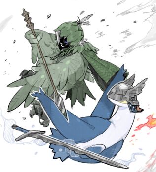 Rule 34 | animal focus, arrow (projectile), bird, blue eyes, cape, decidueye, elden ring, elden ring nightreign, gen 3 pokemon, gen 7 pokemon, green cape, green hood, helmet, highres, holding, holding arrow, ironeye (elden ring), latios, legendary pokemon, nintendo, no48any, no humans, pokemon, pokemon (creature), pokemon focus, sword, weapon, winged helmet, wings, wylder (elden ring)