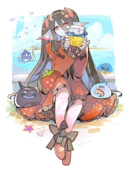 1girl :o ankle_bow ankle_ribbon black_bow black_hair blue_hair blue_sky bow clam_shell cloud colored_inner_hair commentary_request dated dress fins food food-themed_hair_ornament frilled_dress frilled_sleeves frills fruit full_body hair_between_eyes hair_bow hair_ornament head_fins highres holding holding_jar jar leg_ribbon linne_(hld_doreko) long_hair long_hair_between_eyes long_sidelocks long_sleeves multicolored_hair ocean original red_bow red_dress red_eyes ribbon sitting sky sleeve_bow slime_(creature) squid starfish strawberry strawberry_hair_ornament twintails very_long_hair very_long_sidelocks wide_sleeves