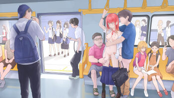 6+boys 6+girls absurdres ahoge angry arm_up backpack bag baseball_cap black_hair black_pants black_socks blonde_hair blue_shirt blue_skirt blush bracelet braid breasts brown_dress brown_footwear brown_hair brown_pants brown_shorts cellphone change_in_common_sense chikan cleft_of_venus closed_eyes closed_mouth clothed_male_nude_female clothes_pull collared_shirt day dress exhibitionism eyebrows facial_hair feet fingering fingernails frown functionally_nude glasses goatee_stubble gradient_hair grey_footwear groping hair_ornament hairclip hand_grip handbag hat headphones highres holding_hand_grip jewelry kneehighs long_hair looking_down low_twintails medium_breasts molestation multicolored_hair multiple_boys multiple_girls navel neck_ribbon nipples nude open_clothes open_shirt original pants pants_pull penis phone pink_shirt pleated_skirt public_indecency public_nudity pussy red_dress red_footwear red_hair red_ribbon ribbon sandals school_bag school_uniform shirt shixiaoshudian shoes short_hair short_sleeves shorts side_braid sitting skirt skirt_pull smartphone socks standing stubble tagme toes train train_interior twintails uncensored undressing very_short_hair white_footwear white_shirt