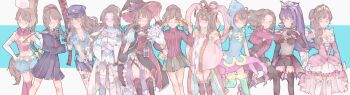 1girl absurdres alternate_hairstyle animal_costume cosplay cowgirl_(western) dress highres multiple_girls multiple_persona osomatsu-san osomatsu_(series) pink_dress police police_uniform policewoman school_uniform sosei tiara witch yowai_totoko