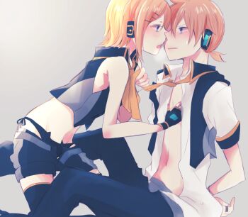 1boy 1girl aoi_choko_(aoichoco) arms_behind_back bdsm black_panties kagamine_rin_(black_star) blonde_hair blue_eyes kagamine_len_(blue_moon) blush bondage bound bound_wrists breath brother_and_sister cat_ear_panties face-to-face fingerless_gloves gloves hair_ornament hairclip headphones hetero highres imminent_kiss incest kagamine_len kagamine_rin kodoku_no_hate_(vocaloid) looking_at_another midriff navel necktie open_mouth panties project_diva_(series) short_hair shorts siblings simple_background sitting sweat twincest twins underwear vocaloid