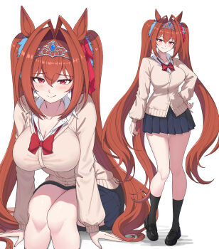 1girl absurdres animal_ears black_skirt black_socks blush bow breasts brown_cardigan brown_hair cardigan closed_mouth collared_shirt commentary_request daiwa_scarlet_(umamusume) hair_between_eyes hair_intakes highres horse_ears horse_girl horse_tail large_breasts long_hair long_sleeves looking_at_viewer pleated_skirt red_bow red_eyes school_uniform shirt shoes simple_background skirt smile socks tail take978733141 tiara twintails umamusume very_long_hair white_background white_shirt