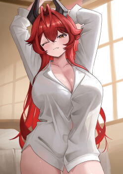 1girl absurdres alternate_costume antenna_hair arms_up bed bedroom breasts button_gap cleavage closed_mouth collarbone commentary_request cowboy_shot double-parted_bangs fang fang_out goddess_of_victory:_nikke hair_between_eyes hair_flaps hair_intakes highres horns indoors korean_commentary large_breasts light_blush long_hair long_sleeves looking_at_viewer mechanical_horns naked_shirt one_eye_closed red_hair red_hood_(nikke) shirt sidelocks small_chair_(xiaosaiyi33818) solo standing white_shirt window window_shadow yellow_eyes