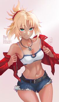 Rule 34 | 1girl, bandeau, belt, blonde hair, blue shorts, braid, breasts, cleavage, cutoffs, denim, denim shorts, fate/apocrypha, fate/grand order, fate (series), green eyes, grin, highres, jacket, jewelry, long hair, long sleeves, looking at viewer, mordred (fate), mordred (memories at trifas) (fate), navel, necklace, open clothes, open jacket, parted bangs, ponytail, red jacket, shiro font, short shorts, shorts, sidelocks, small breasts, smile, solo, tan, thighs