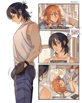 Rule 34 | 2boys, angel, angel devil (chainsaw man), angel wings, angrymiloras, artist name, ass lift, black hair, black male underwear, blue pants, blush, bouncing bulge, boxer briefs, bulge, bulge lift, cellphone, chainsaw man, commentary, dressing, earrings, english commentary, english text, falling, hair between eyes, halo, hayakawa aki, highres, holding, holding phone, i've never seen a guy recreate this successfully tbh (meme), jewelry, lifting own clothes, long hair, looking down, male focus, male underwear, meme, multiple boys, open pants, pants, pants lift, phone, short hair, smartphone, tank top, thumbs up, toned, toned male, underwear, white tank top, wings, yaoi