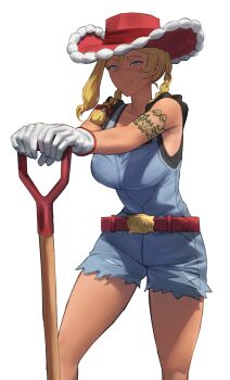 1girl absurdres arm_tattoo belt black_shirt blonde_hair blue_eyes blue_overalls braid breasts closed_mouth cowboy_hat denim denim_overalls farmer freckles gloves hat highres holding holding_pitchfork kitt_(pokemon) long_hair nintendo overall_shorts overalls pitchfork pokemon pokemon_champions red_belt red_hat shirt shou_illust simple_background sleeveless smile solo sweat tattoo twin_braids white_background white_gloves