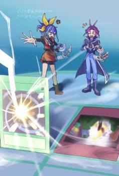 1boy 1girl alternate_costume black_shirt black_shorts blue_background blue_coat blue_hair blue_pants clapping closed_eyes coat commentary_request deck_of_cards dna_surgery duel_academy_uniform_(yu-gi-oh!_gx) duel_disk hair_ribbon high_ponytail highres joeri_(yu-gi-oh!) pants ponytail purple_hair red_skirt red_vest ribbon serena_(yu-gi-oh!) shirt shorts skirt super_polymerization trading_card vest yu-gi-oh! yu-gi-oh!_arc-v yu-gi-oh!_gx zhu_shu