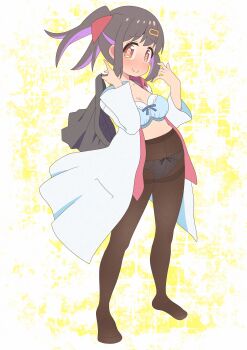 1girl absurdres blue_bra blue_panties blush bra breasts brown_eyes brown_hair brown_pantyhose cleavage closed_mouth commentary embarrassed eyebrows_hidden_by_hair from_side full_body highres holding holding_unworn_clothes holding_unworn_skirt lab_coat looking_at_viewer medium_breasts medium_hair onii-chan_wa_oshimai! oyama_mihari panties panties_under_pantyhose pantyhose short_twintails skirt smile solo twintails underwear untranslatable_commentary unworn_skirt wanpai_liu