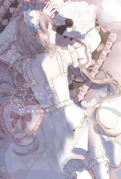 1girl artist_name blue_bow blue_panties bow braid brown_hair closed_eyes closed_mouth commentary cowboy_shot criss-cross_back-straps cross-laced_clothes cross-laced_dress cross-laced_legwear daydreamer_(miracle_nikki) detached_sleeves dress frilled_dress frilled_hairband frilled_panties frilled_sleeves frilled_thighhighs frills from_behind hair_bow hair_over_shoulder hair_spread_out hairband happy heart heart-shaped_pillow highres lolita_hairband long_hair long_sleeves low_twin_braids lying miracle_nikki multiple_hair_bows nikki_(series) on_bed on_stomach panties panty_peek pillow pink_bow pleated_dress pointy_nose polka_dot polka_dot_panties sleeping sleeveless sleeveless_dress smile solo stuffed_animal stuffed_sheep stuffed_toy superchickentt thighhighs twin_braids underwear very_long_hair watermark white_dress white_hairband white_sleeves white_thighhighs