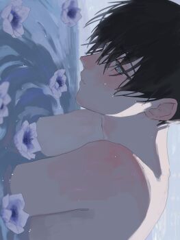 1boy absurdres anemone_(flower) black_hair blue_eyes blush chainsaw_man commentary_request flower flower_on_liquid from_side hayakawa_aki highres k_a_muu male_focus multicolored_flower nude partially_submerged petals purple_flower short_hair sideways solo upper_body water wet white_flower