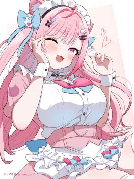 1girl aqua_bow bandaid bandaid_hair_ornament belt blush bow breasts buckle cat_choker cat_girl cheek_squash chest_bow choker dress fish_hair_ornament fish_hairpin food ghost_hair_ornament hair_ornament hand_on_own_cheek hand_on_own_face heart heart-shaped_buckle heart_hair_ornament highres holding holding_food indie_virtual_youtuber large_breasts long_hair marshmallow nishi_ao o-ring o-ring_choker one_eye_closed paw_print paw_print_pattern pink_belt pink_dress pink_hair pink_nails skindentation solo thighhighs virtual_youtuber white_background white_headdress white_wrist_cuffs wing_hair_ornament wing_hairpin wrist_cuffs yuuki_sakuna yuuki_sakuna_(1st_costume) zettai_ryouiki