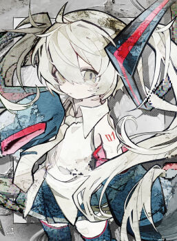 1girl absurdres ahoge arm_tattoo black_skirt black_sleeves collared_shirt commentary cowboy_shot detached_sleeves expressionless grey_eyes grey_hair grey_necktie grey_trim hair_between_eyes hatsune_miku highres long_hair miniskirt necktie pleated_skirt red_trim shirt skirt sleeveless sleeveless_shirt sleeves_past_fingers sleeves_past_wrists solo soresaki tareme tattoo tie_clip twintails untucked_shirt variant_set very_long_hair vocaloid white_shirt