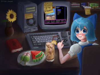 1girl :3 absurdres at_computer bendy_straw blue_bow blue_dress blue_eyes blue_hair blush book bow cirno cirno_day closed_mouth commentary computer computer_keyboard computer_tower crt cup dango dress drinking_straw english_commentary flower fm_towns food fruit graphics_card hair_bow highres holding holding_cup iced_tea konya_kuuyuki lemon lemon_slice looking_at_viewer looking_back plate playing_games puffy_short_sleeves puffy_sleeves self-upload short_hair short_sleeves skirt smile solo sticky_note touhou vase wagashi watermelon watermelon_slice wizardry yellow_flower