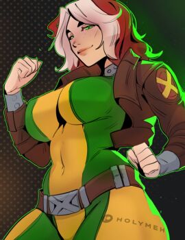 1girl belt bodysuit breasts brown_belt brown_hair brown_jacket clenched_hands commentary covered_navel english_commentary freckles green_bodysuit green_eyes holy_meh jacket large_breasts looking_at_viewer marvel medium_hair multicolored_bodysuit multicolored_hair rogue_(x-men) smile solo two-tone_bodysuit two-tone_hair white_hair x-men yellow_bodysuit